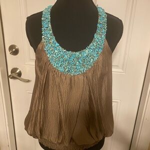 Bebe Brown Tan Sleeveless Pleated Embellished Tank Top